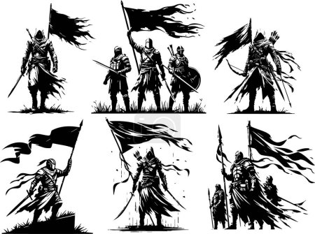 Illustration for Warriors in armor and with weapons in their hands under a waving flag - Royalty Free Image