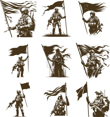 modern soldier with a raised flag collection of vector monochrome sketch drawings on a white background