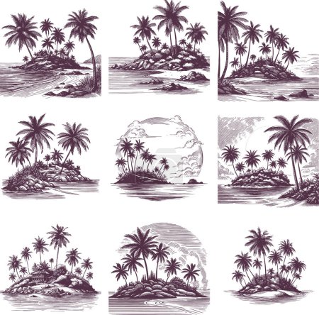 small tropical island with palm trees collection of vector monochrome sketch drawings on a white background