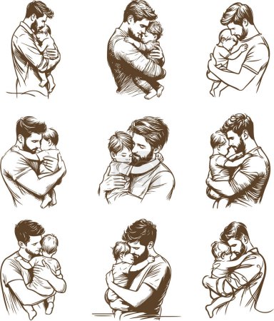 dibujo de línea de boceto en vector padre abraza a su hijo
