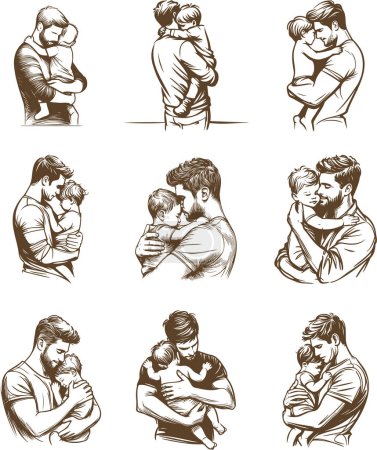 línea vectorial dibujo de un padre abrazando a su hijo