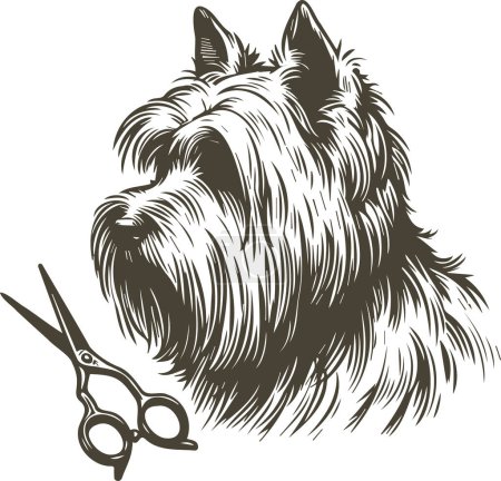 shaggy head of a dog and scissors nearby as dog grooming services vector stencil drawing