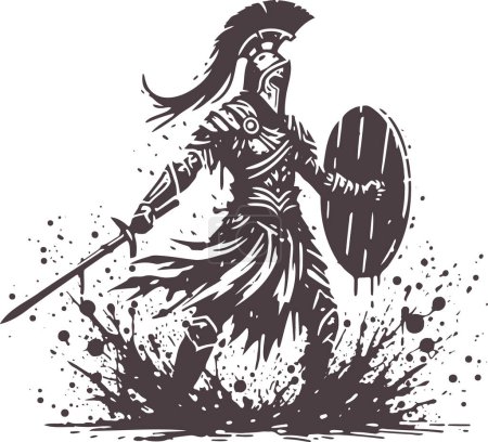 stehender Krieger in Rüstung und Helm hält Schild und Schwert bereit