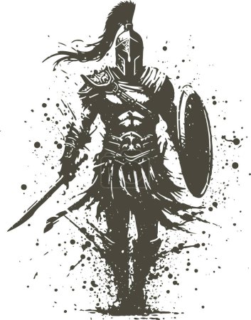 ein Krieger, der in einem gepanzerten Helm mit Federn, Schild und Schwert in den Händen vorwärts schreitet