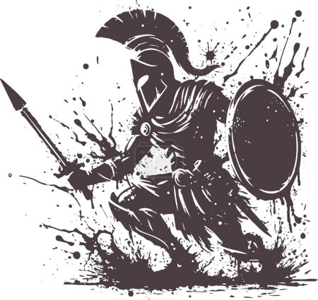 un guerrier dans l'armure d'un chevalier attaque avec une épée tout en tenant un bouclier dans son autre main