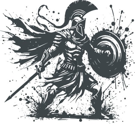 an attacking warrior in armor and a helmet with feathers holds a shield and prepares to strike with a sword
