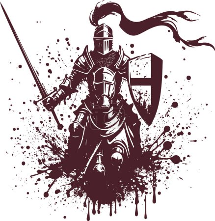 chevalier médiéval avec une épée et un bouclier en armure assis sur un dessin abstrait de pochoir vectoriel de cheval