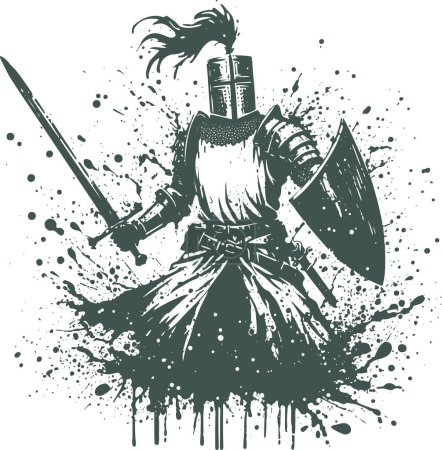 medieval knight with raised sword abstract vector stencil drawing