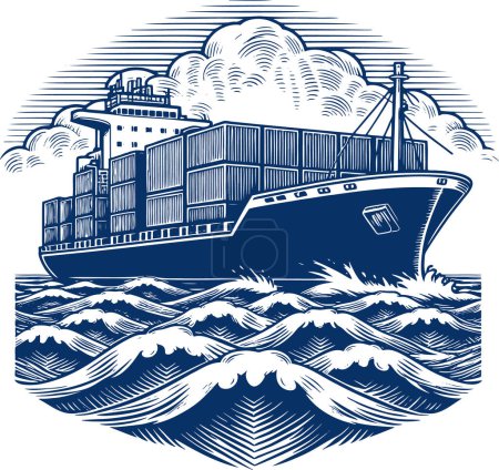Ocean freight container vessel engraving illustration