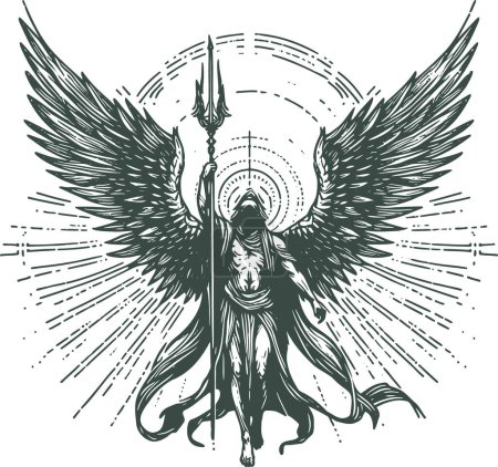 Un ángel con un tridente y alas rodeados de una pantalla halo luminoso grabado