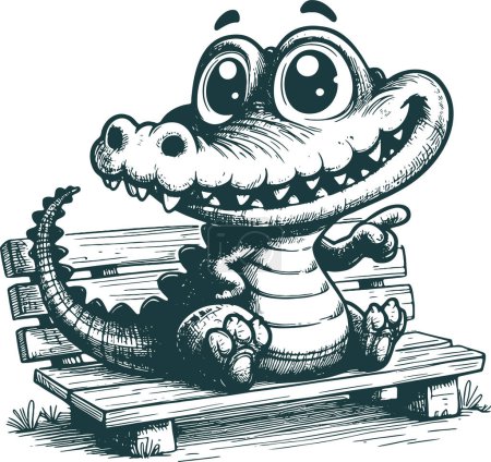 Lächelndes Krokodil sitzt auf einer Bank und zeigt mit dem Finger zur Seite Grafik