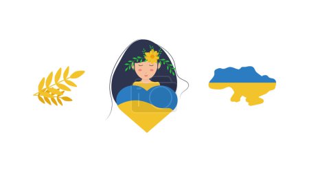 Set mit ukrainischen Symbolen. Ukrainische Frau mit einem Kranz und einem Herz in gelb-blauer Farbe, Weizen, gelb-blaue Karte der Ukraine. Patriotisches, volkstümliches Design des ukrainischen Volkes. Vektor Folge 10.