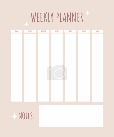 Illustration for Weekly planner and to-do list in pink with highlights. Women's timetable design template, organizer with space for notes for every day, for plans and to-dos. Vector eps 10. - Royalty Free Image