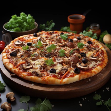 Photo for Realistic 3D Mushroom Pizza with Cheese Pull, Topped with Black Olives and Jalapenos - Royalty Free Image
