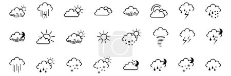 Photo for Weather icons. Weather forecast icon set.Weather forecast - outline web icon set, vector, thin line icons collection.Weather , clouds, sunny day, moon, snowflakes, wind, sun day. . Vector illustration - Royalty Free Image