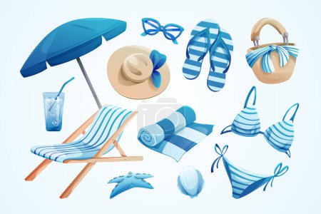Téléchargez les illustrations : Ensemble d'éléments d'été à thème couleur bleue - en licence libre de droit