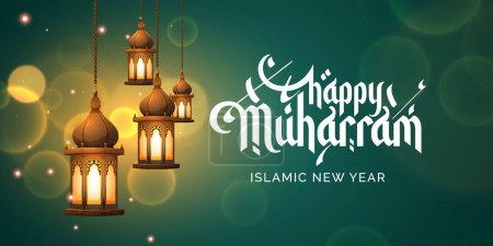 Illustration for Happy muharram greeting with islamic lanterns - Royalty Free Image