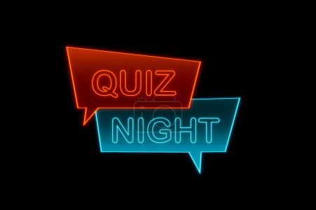 Noche de preguntas. Banner resplandeciente con el texto "Quiz Night" en naranja y azul. Juegos de ocio, diversión, noche de juegos, actividad de ocio y evento de entretenimiento.