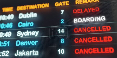 Photo for Airport arrival and departure flight board. Flight board with cancelled or delayed flights. Device screen, airport terminal, information medium, tourism, arrival, departure and travel. - Royalty Free Image