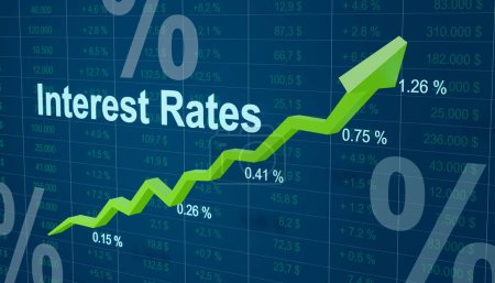 Las tasas de interés subiendo. Gráfico ascendente de tasas de interés y signos porcentuales. Aumento de las tasas debido a un escenario de inflación elevada o un fuerte crecimiento del PIB. Concepto de economía y banco central.