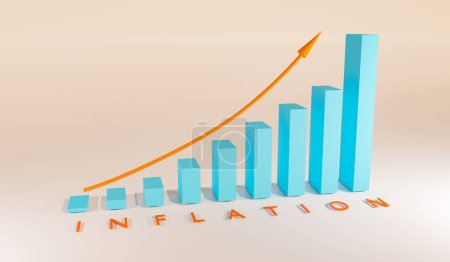 Inflation bar chart. Inflation graphic to illustrate rising inflation. Rising bar chart with arrow. Columns in blue, arrow in orange. The word inflation flat on the foreground in orange. 3D illustration