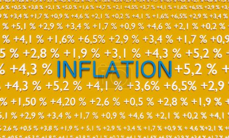 Téléchargez les photos : Inflation encadrée par des signes positifs de pourcentage. Le mot Inflation en bleu sur fond jaune. Plusieurs pourcentages positifs comme symbole de la hausse de l'inflation. Illustration 3D - en image libre de droit