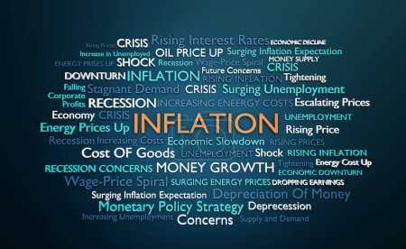 Inflation word cloud. The word Inflation is framed by different words how describes the phenomenon, like rising interest rates and prices of commodities and consumer goods. 3D illustration