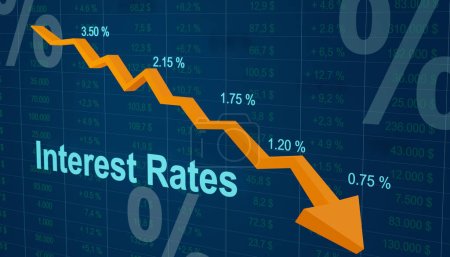Decreased interest rates. Interest rates for savings and mortgages falling. Banking, business finance and industry. 3D illustration