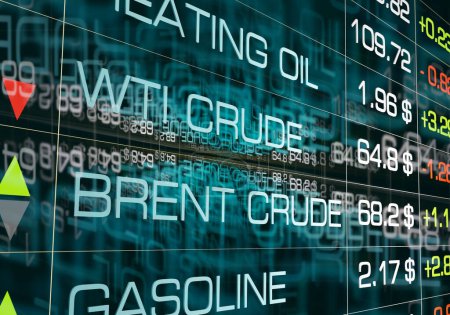 Commodity prices for oil and gas on a screen. Crude oil, Brent oil and Natural Gas. Economy, stock market data and commodity trading concept. 3D illustration