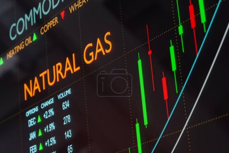 Nahaufnahme steigender Erdgascharts und Fakten zum Gashandel. Digitaler Handelsschirm für Rohstoffe. Rohstoffechange und Ökonomiekonzept, 3D-Illustration