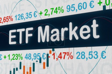 ETF Market (Exchange Traded Funds). Informations sur les prix des ETF et variations en pourcentage sur un écran. Bourse, fonds d'investissement, stratégie, concept d'affaires et de trading. Illustration 3D