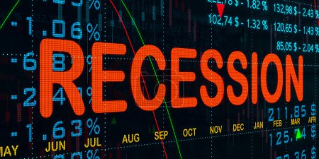 Photo for Recession, economic slow down. Screen with numbers, financial figures, stock prices, percentage signs, chart and lines. The word recession in red. Weak economy, depression era, social issue and crisis. 3D illustration - Royalty Free Image