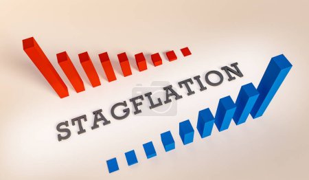 Stagflation. Unemployment, high energy prices and rising inflation. The word stagflation between a red and blue bar chart. Economy, stagflation concept. 3D illustration