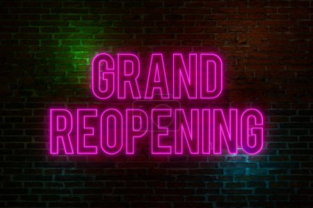 Photo for Grand reopening, neon sign. Brick wall at night with the text "Grand Reopening" in purple neon letters. Business, opening event and shopping concept. 3D illustration - Royalty Free Image