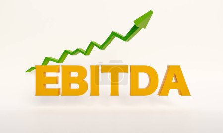 EBITDA (Ergebnis vor Zinsen, Steuern, Abschreibungen) in orangefarbener Schrift. Positives EBITDA, Ergebnis, Steuern, Abschreibungen. 3D-Illustration