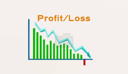 Profit and Loss - Concepto de negocio. Gráfico de barras de pérdidas y ganancias verdes disminuye y cambia a resultados negativos. Negocios, rentabilidad y amortización. Ilustración 3D
