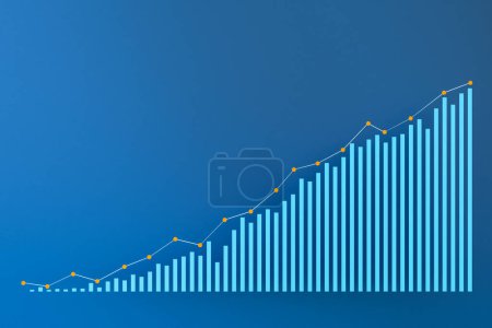 Aumenta el gráfico de barras, crece el negocio. Gráfico de negocios con columnas y líneas ascendentes. Aumento de ventas, ganancias o ingresos se mueve hacia arriba y concepto gráfico financiero.