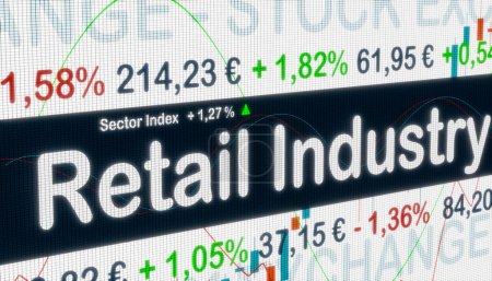 Retail industry sector with price information, market data and percentage changes in prices on a screen. Stock exchange, retail sector, business and trading concept. 3D illustration