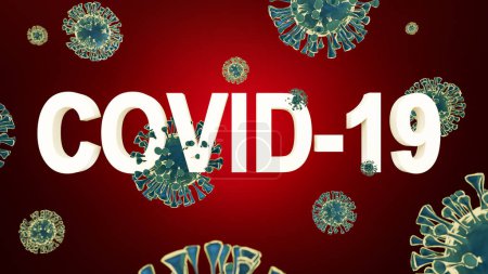 La palabra COVID-19 enmarcada por algunos Coronavirus del virus SARS-CoV 2. Virus Corona, concepto de mutación Delta y Omicron. Virus Corona, concepto de mutación Delta y Omicron. Ilustración 3D