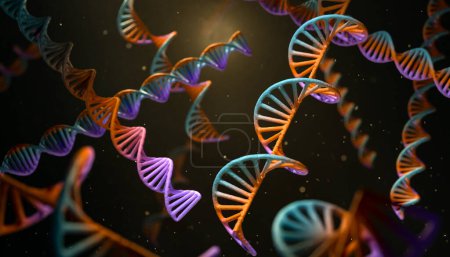 Foto de Estructura de hélice, ADN, hebra de ARN y partículas fluidas. Ciencia, salud, biotecnología, genoma, tecnología de ARN, concepto de investigación, genética y ciencia médica. - Imagen libre de derechos