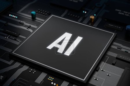 AI processor on the motherboard. Artificial intelligence processing unit process many data simultaneously. AI are used for machine learning and integrated processes. 3D illustration