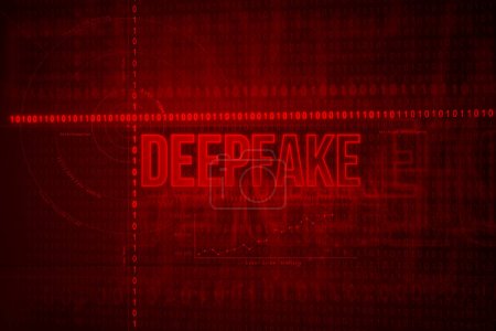 Profundo. Pantalla roja y elementos, texto en mayúsculas. Deepfake significa identidad falsa de una voz o persona. Biometría, inteligencia artificial, ciberdelincuencia, identificación e identidad alterada digitalmente.