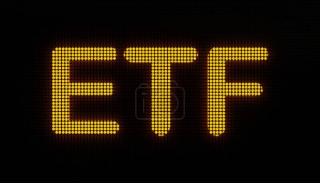 Téléchargez les photos : Écran LED de bourse d'ETF (Exchange Traded Fund). Symbole ETF en jaune sur un écran LED. Bourse, fonds et concept d'investissement, illustration 3D. - en image libre de droit