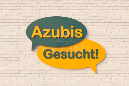 Photo for Azubis gesucht (Apprentices wanted) - Cartoon speech bubble, text in yellow and dark green against a brick wall. Recruitment, education and training concept. 3D illustration - Royalty Free Image