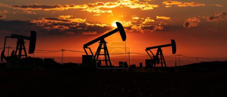 Nahaufnahme von Ölpumpen im Südwesten der USA. Silhouette von Ölpumpen. Landschaft wie Texas, glühender Himmel, Sonnenuntergang, Wolken. Öl- und Gasindustrie und Ölförderkonzept. 3D-Illustration