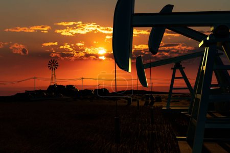 Nahaufnahme von Ölpumpen im Südwesten der USA. Silhouette von Ölpumpen. Landschaft wie Texas, glühender Himmel, Sonnenuntergang, Wolken. Öl- und Gasindustrie und Ölförderkonzept. 3D-Illustration