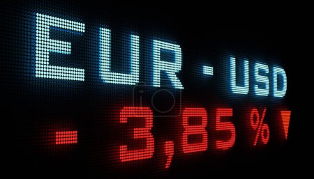 Téléchargez les photos : Euro baisse par rapport au dollar américain, taux de change faible. EUR - USD symbole de devise en bleu, changement négatif. Opérations sur devises, affaires et banque. Illustration 3D - en image libre de droit