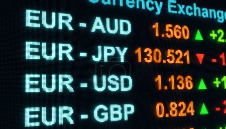 Foto de Tipos de cambio de moneda como EUR, USD, GBP, CAD, AUD o JPY y cambios porcentuales. Comercio de divisas. Ilustración 3D - Imagen libre de derechos