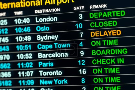 Horaire de l'aéroport, arrivée et départ avec données de vol. Informations de vol à l'écran. Aéroport international, tourisme et concept de voyage. Illustration 3D