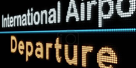 Departure. International airport screen with the sign, departures. Tourism, traveling, journey, flight, time table, destination, leaving and vacation. 3D illustration